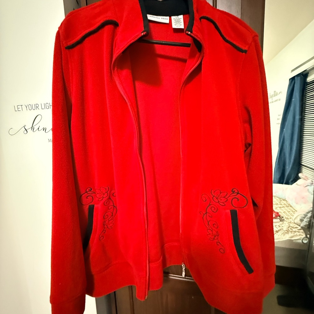Vibrant Red Embroidered Teddy Jacket